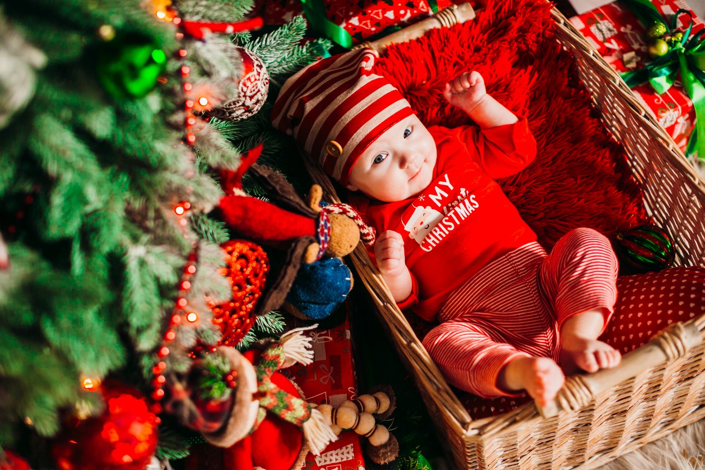 Cute Christmas baby in a basket