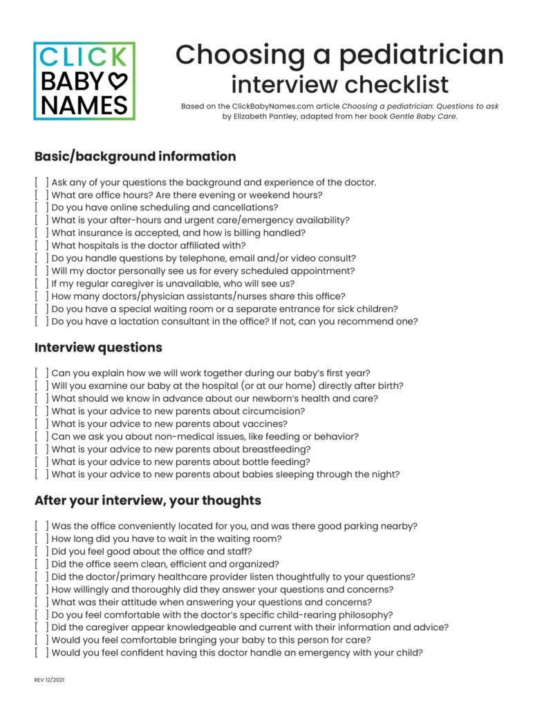 Printable pediatrician interview checklist